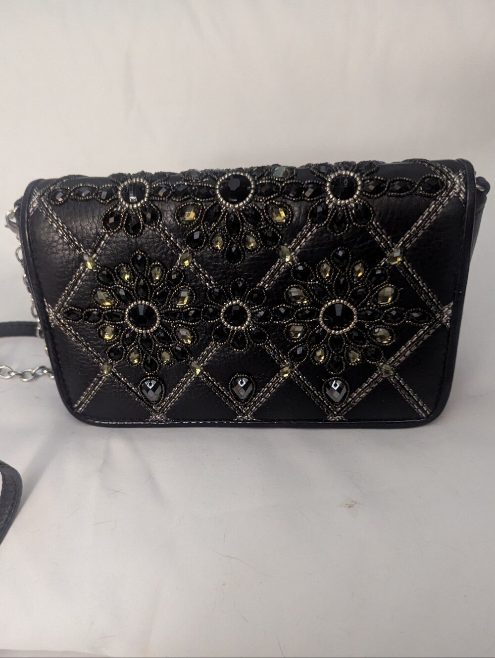 Brighton Anju Mini Beaded Crystal Black Clutch Crossbody with Chain Strap